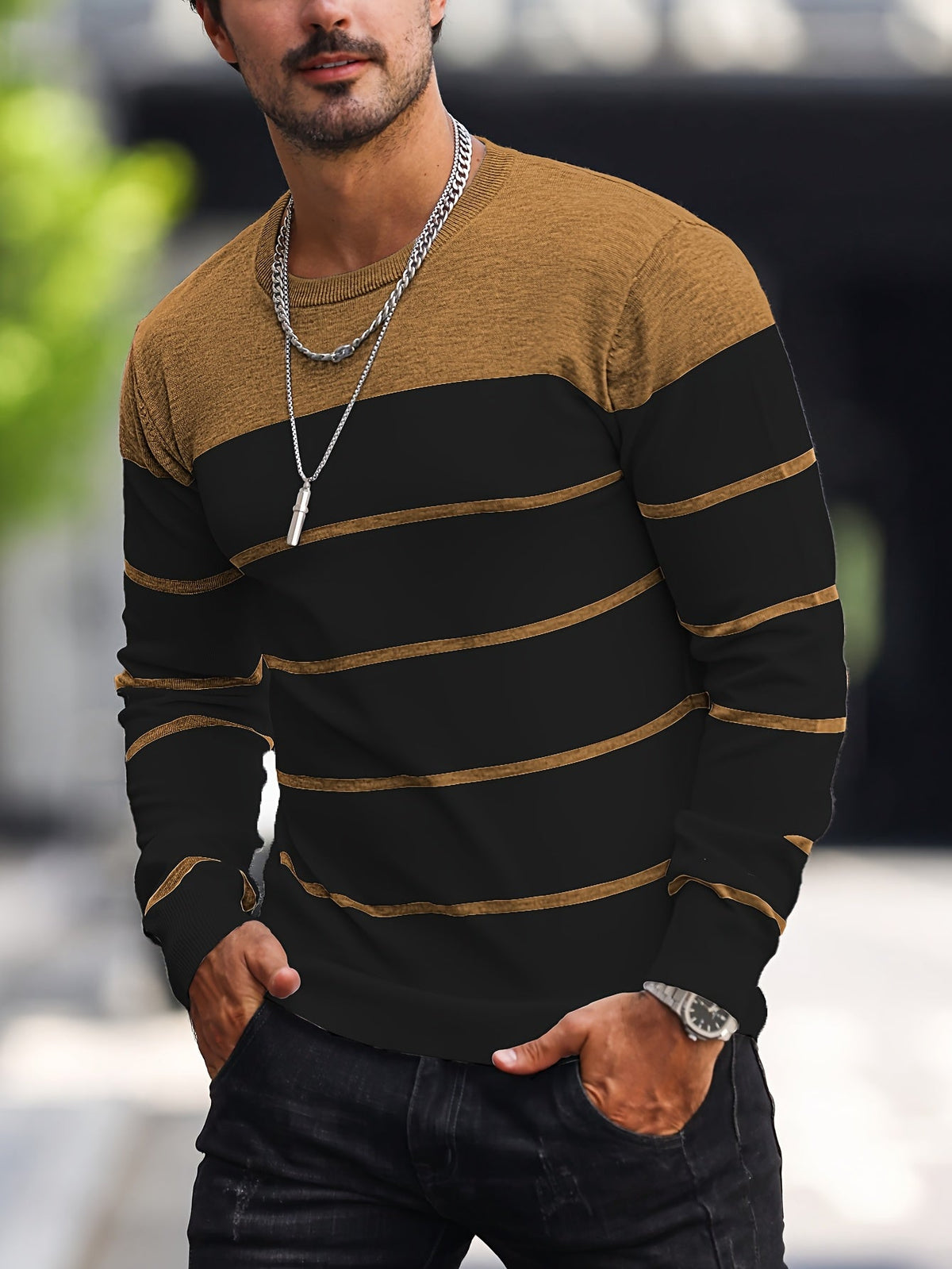 Men's Striped Long-Sleeve Knit Sweater