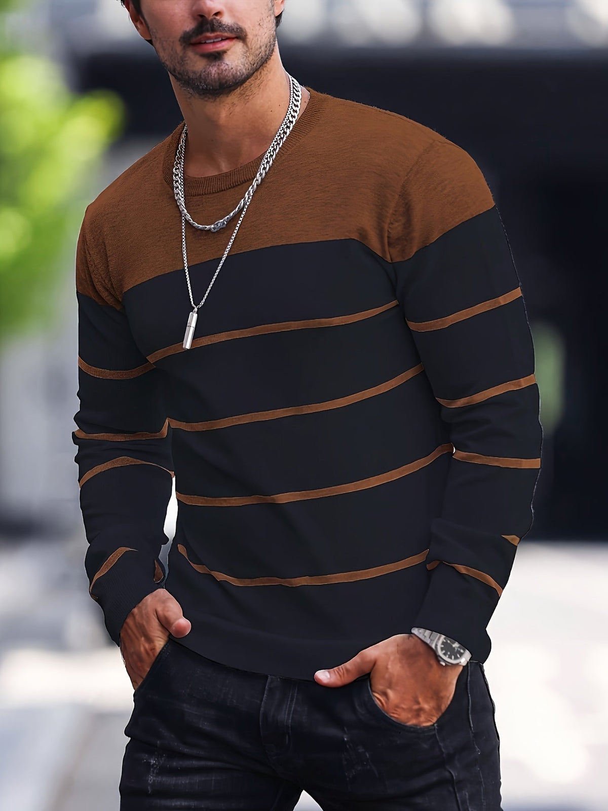 Men's Striped Long-Sleeve Knit Sweater