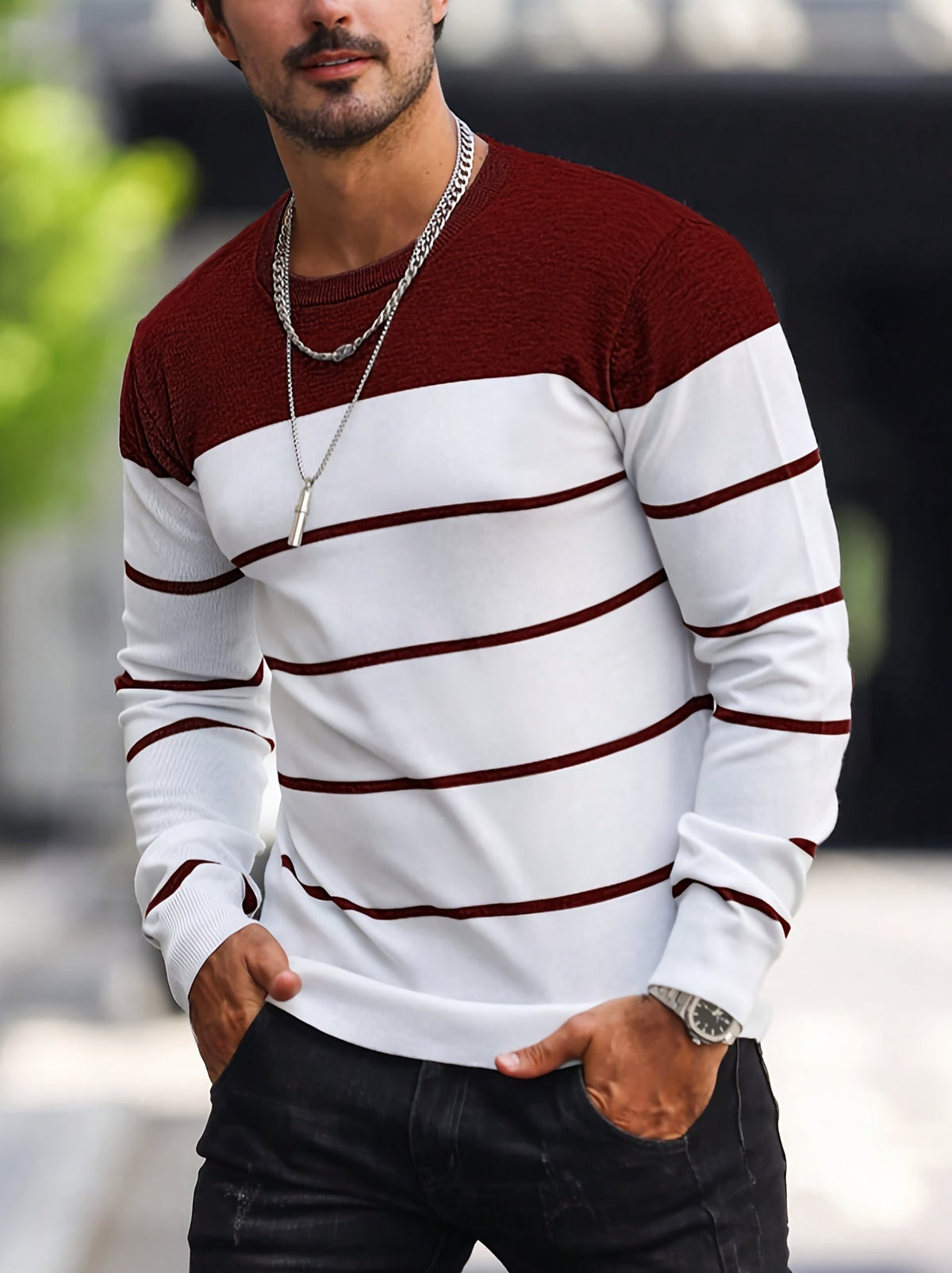 Men's Striped Long-Sleeve Knit Sweater