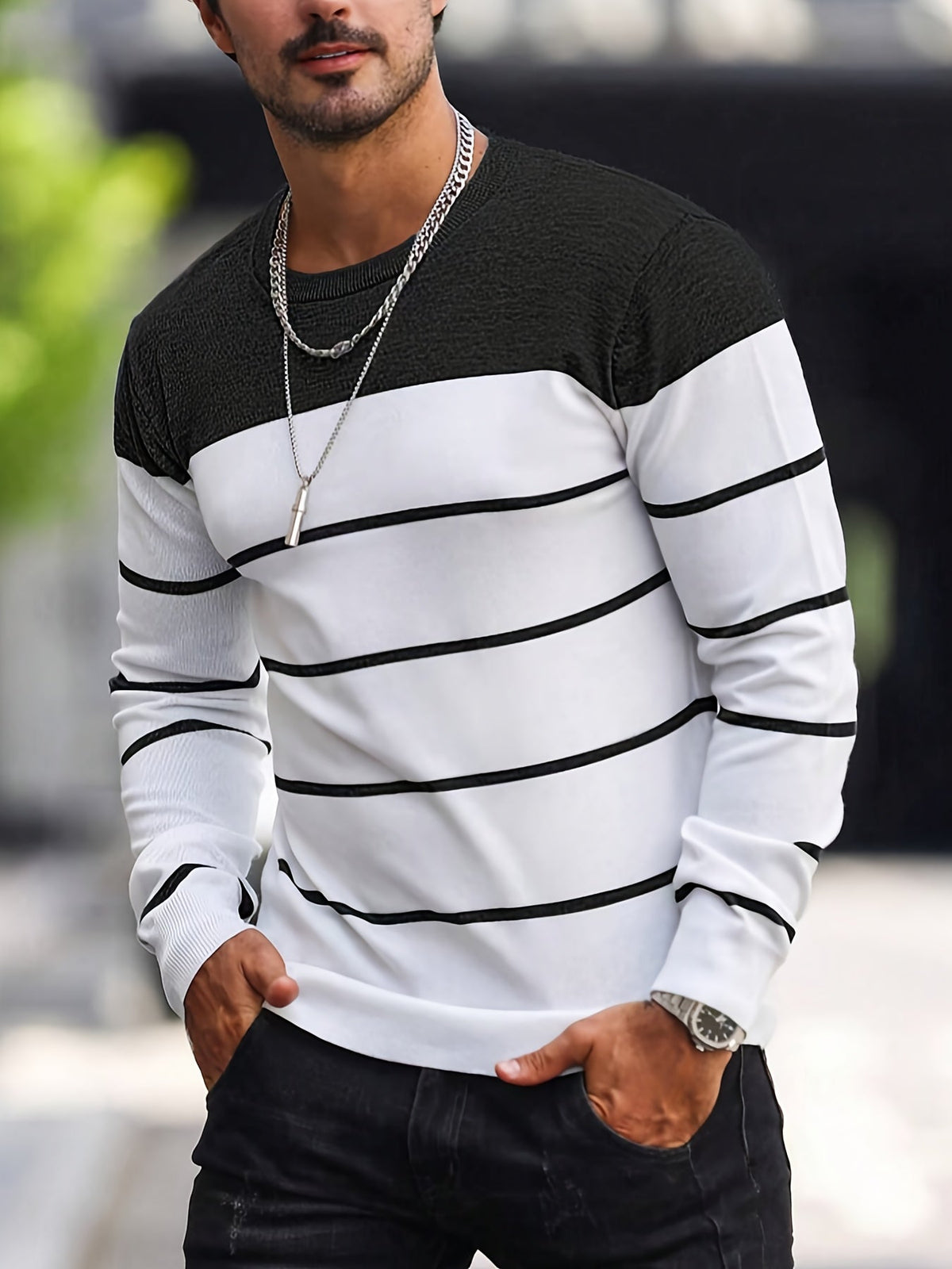 Men's Striped Long-Sleeve Knit Sweater