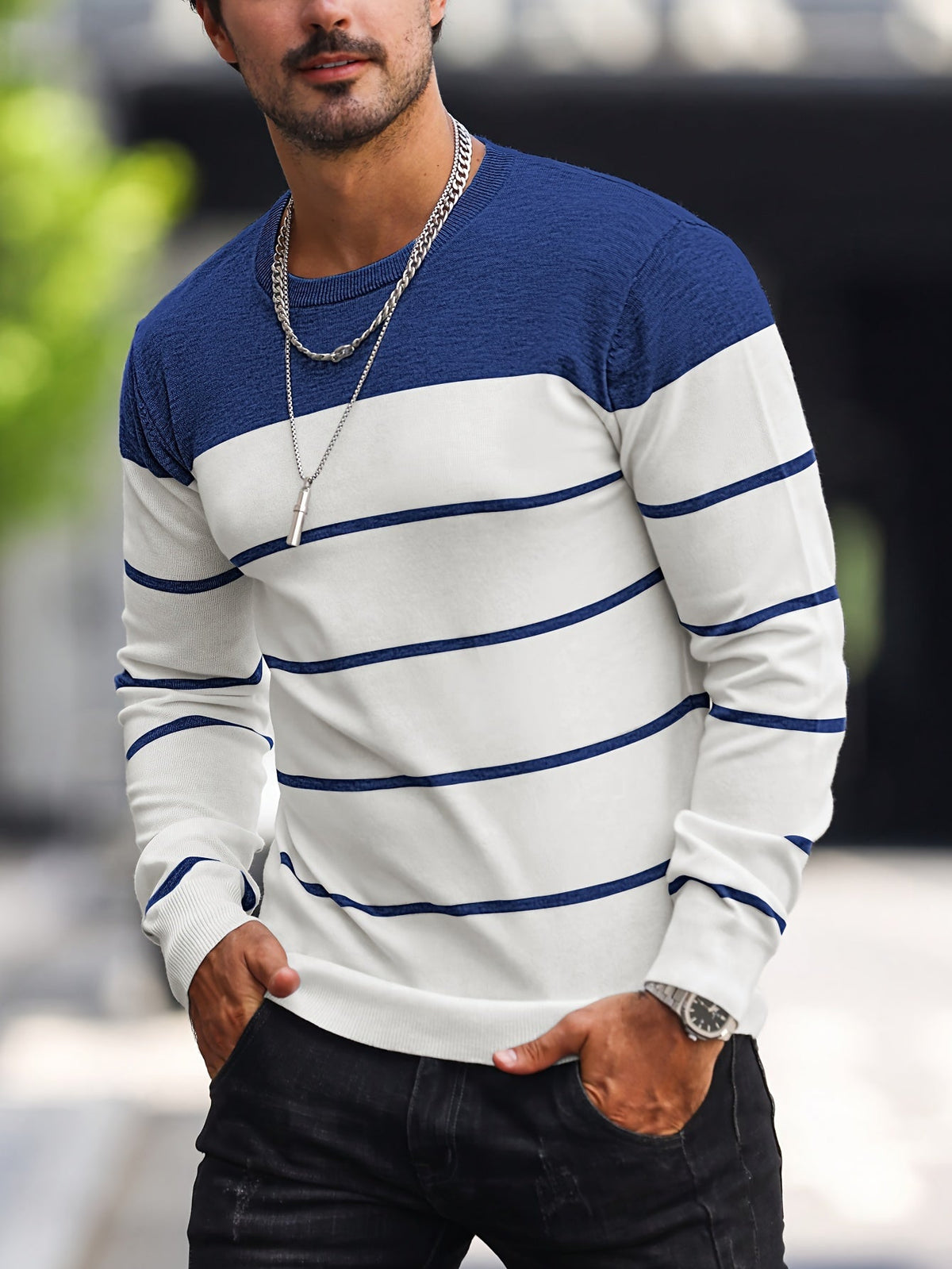 Men's Striped Long-Sleeve Knit Sweater