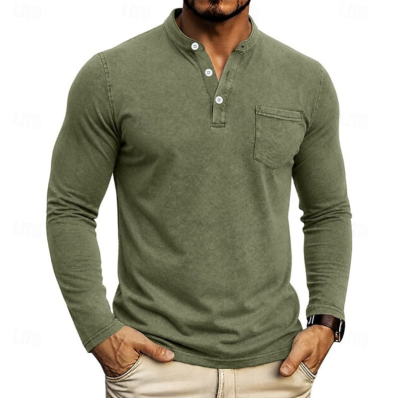 Men's Henley Long-Sleeve Shirt with Chest Pocket