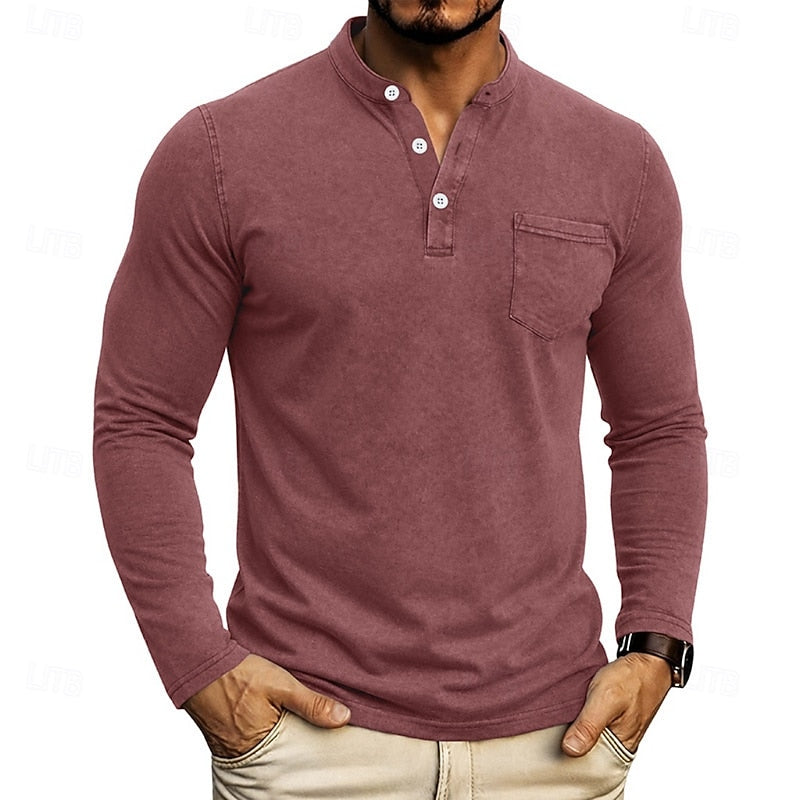 Men's Henley Long-Sleeve Shirt with Chest Pocket