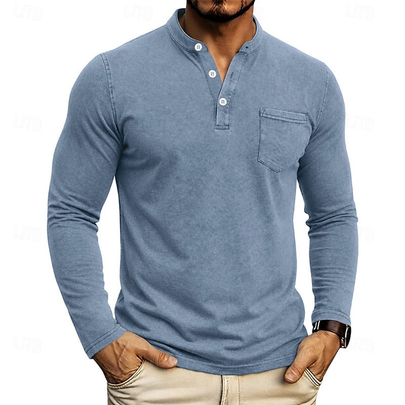 Men's Henley Long-Sleeve Shirt with Chest Pocket