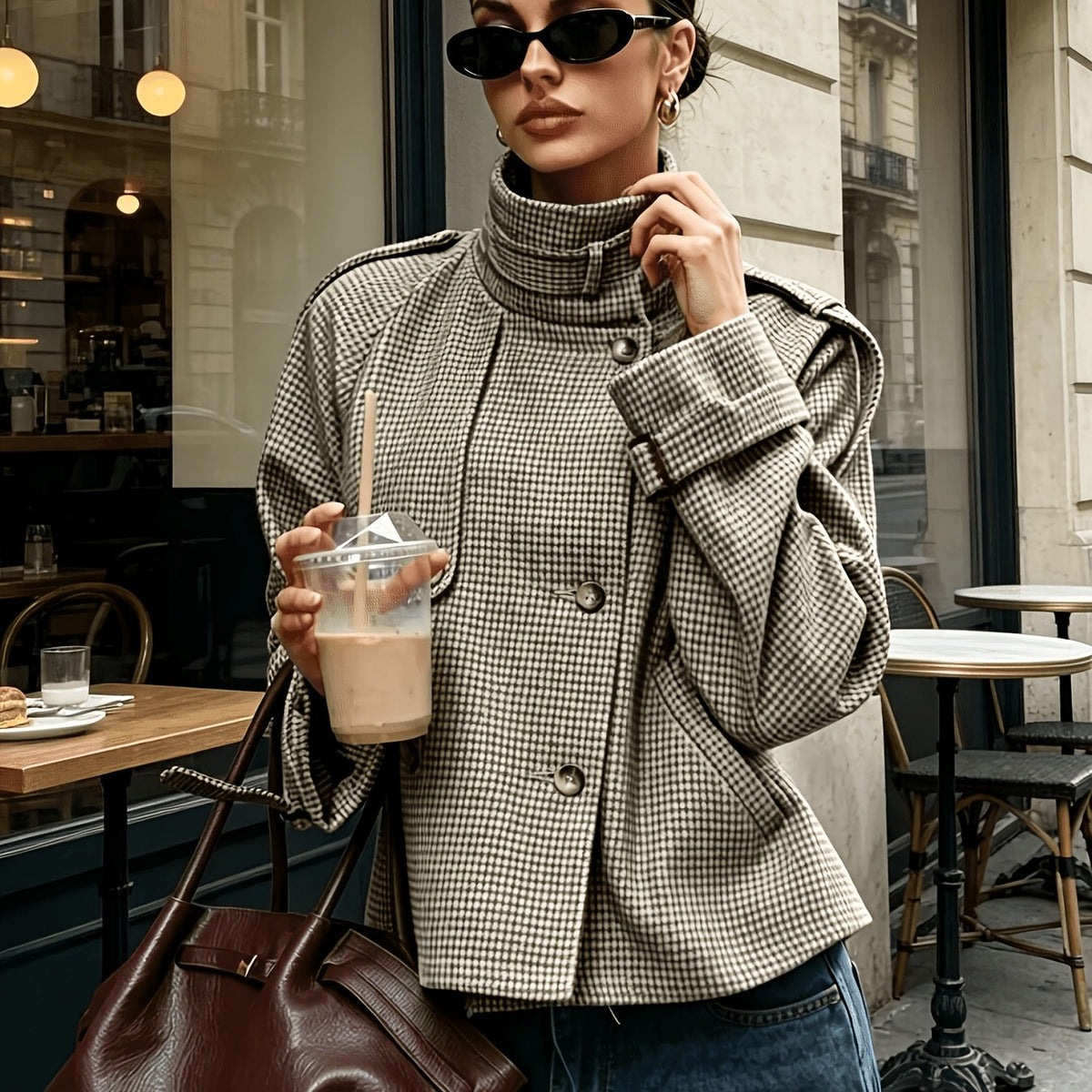 Women's Stand-Collar Houndstooth Jacket