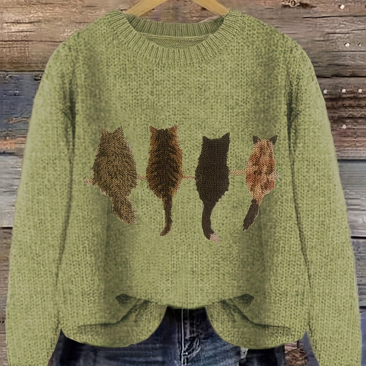 Women's Cat-Motif Crewneck Sweater