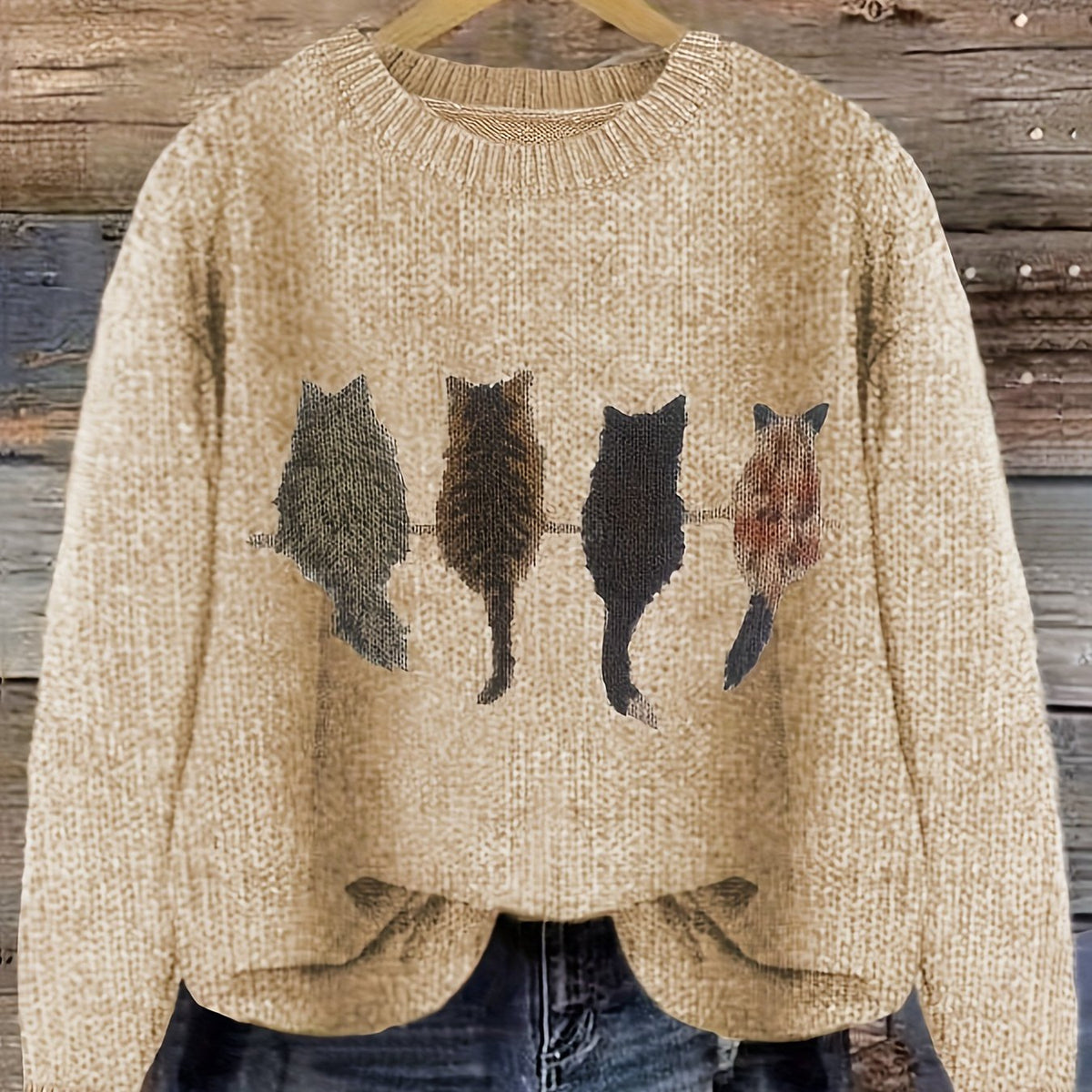 Women's Cat-Motif Crewneck Sweater