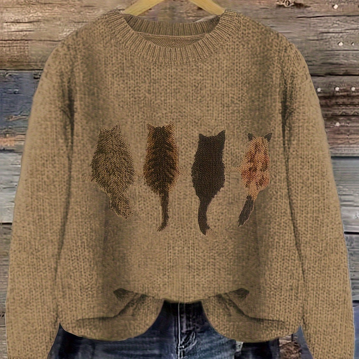 Women's Cat-Motif Crewneck Sweater