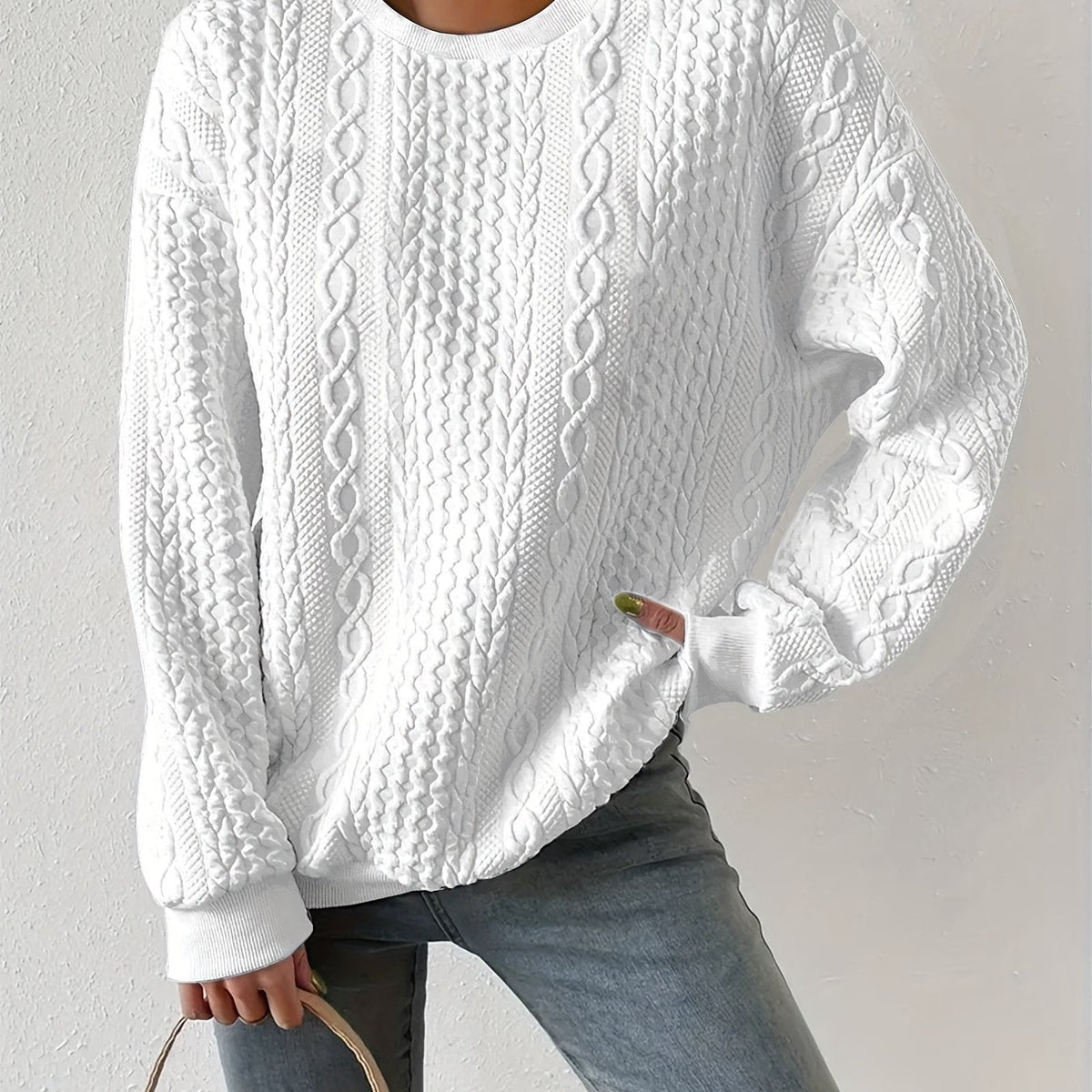 Women's Cable-Knit Crewneck Sweater with Long Sleeves