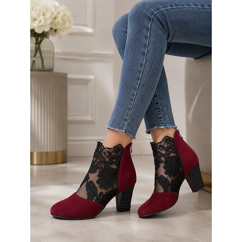 Women's Lace-Accent Heeled Ankle Boots