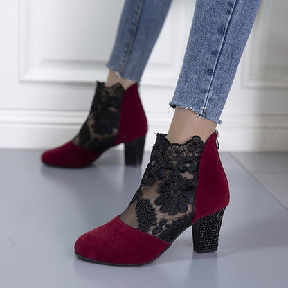 Women's Lace-Accent Heeled Ankle Boots