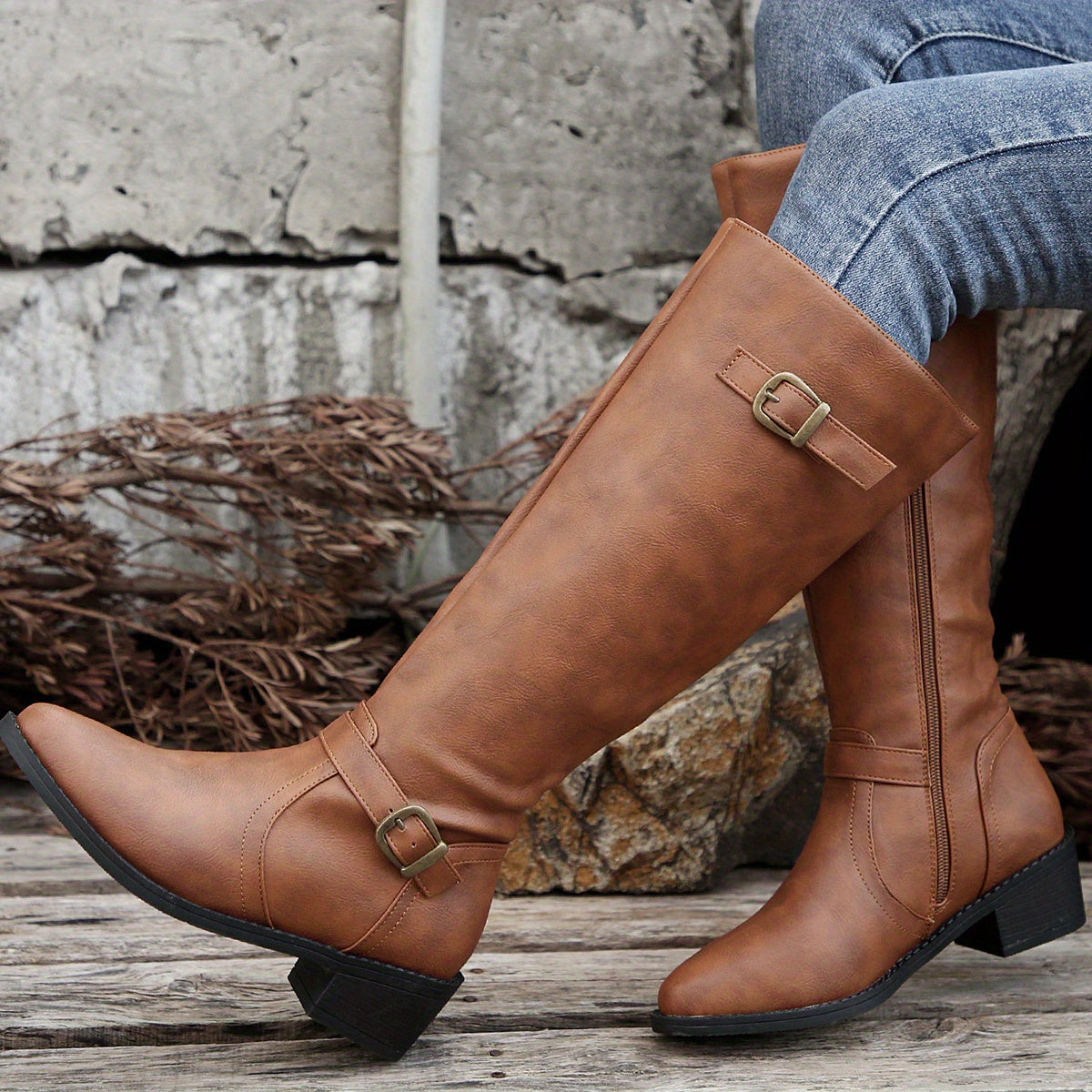 Women's Knee-High Riding Boots with Low Heel