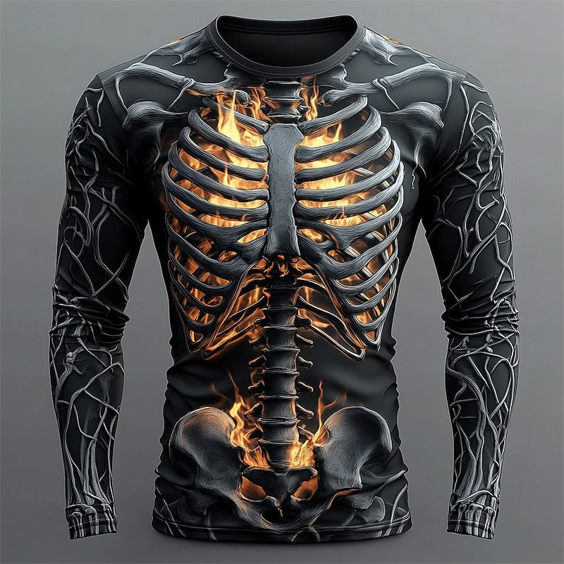 Men's Flame Skeleton Halloween Long-Sleeve Shirt
