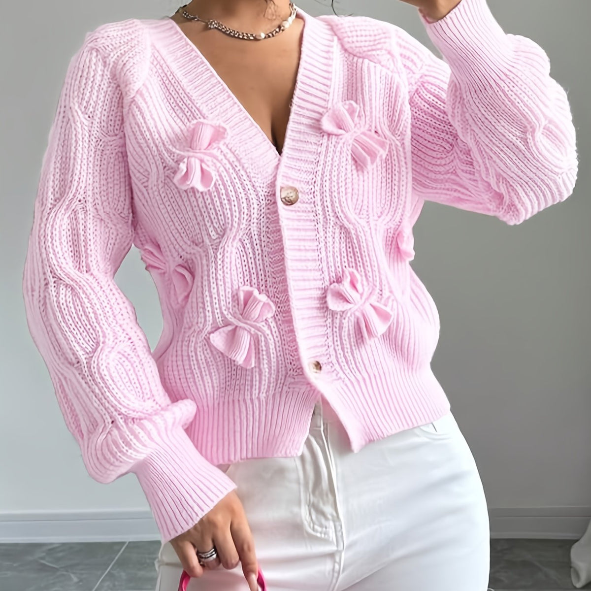 Women's Bow-Detail Long-Sleeve Cardigan