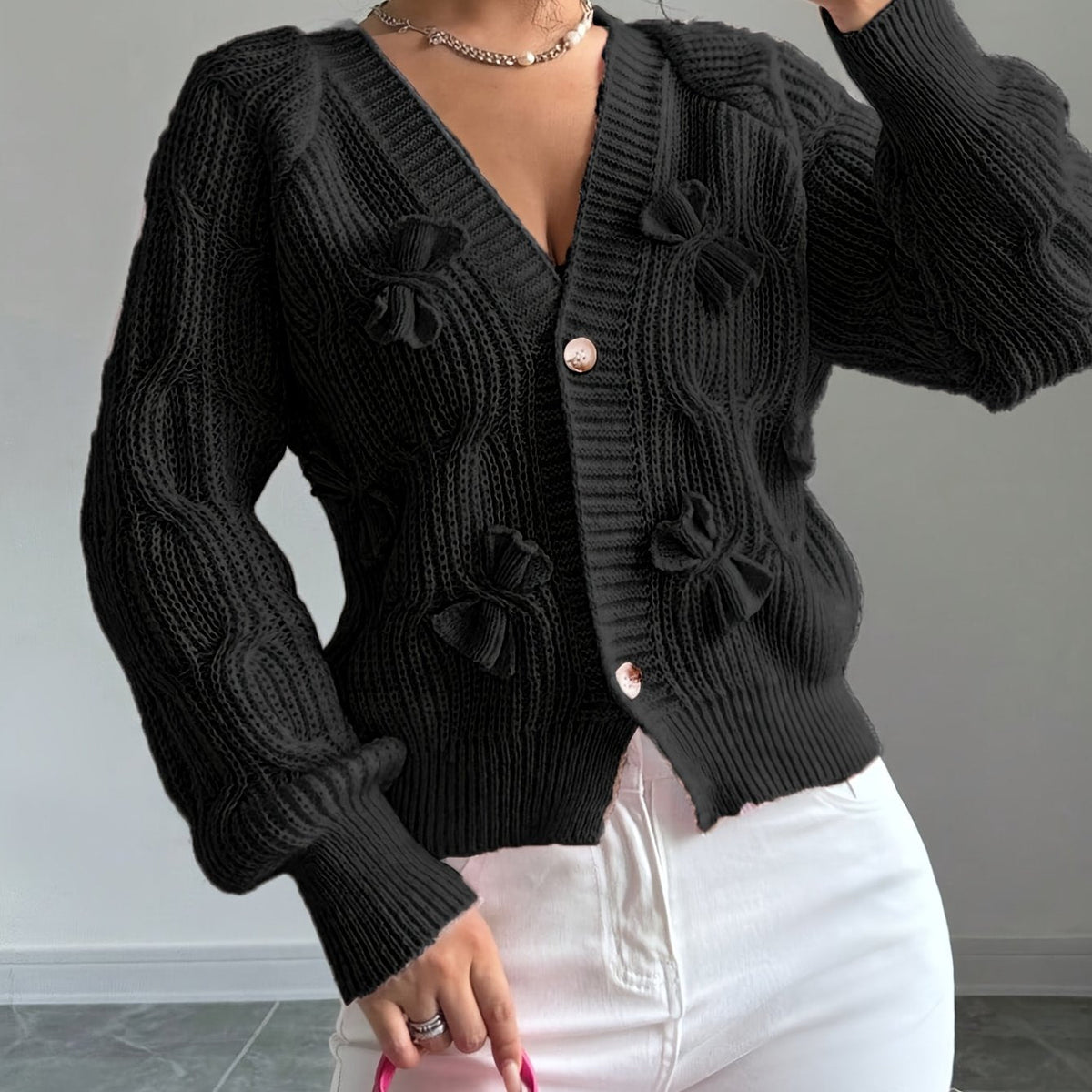 Women's Bow-Detail Long-Sleeve Cardigan