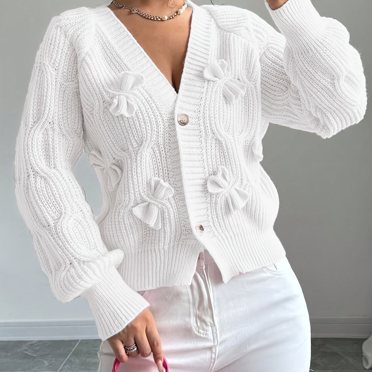 Women's Bow-Detail Long-Sleeve Cardigan