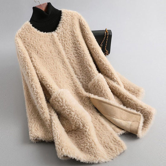 Women's Long Teddy-Texture Coat with Round Neck and Draped Shape