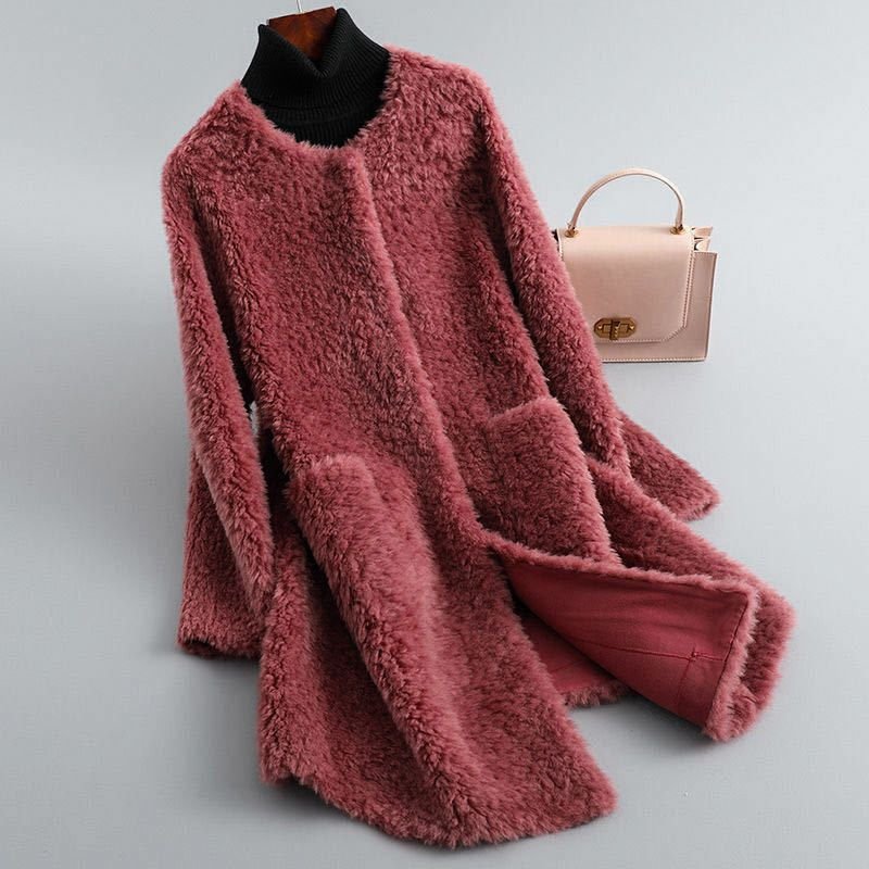 Women's Long Teddy-Texture Coat with Round Neck and Draped Shape
