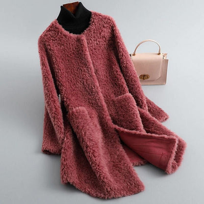 Women's Long Teddy-Texture Coat with Round Neck and Draped Shape