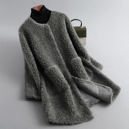 Women's Long Teddy-Texture Coat with Round Neck and Draped Shape