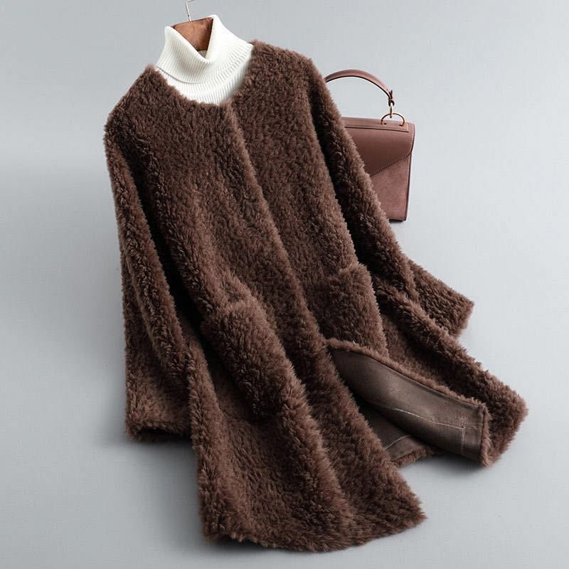 Women's Long Teddy-Texture Coat with Round Neck and Draped Shape