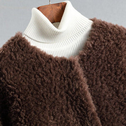 Women's Long Teddy-Texture Coat with Round Neck and Draped Shape