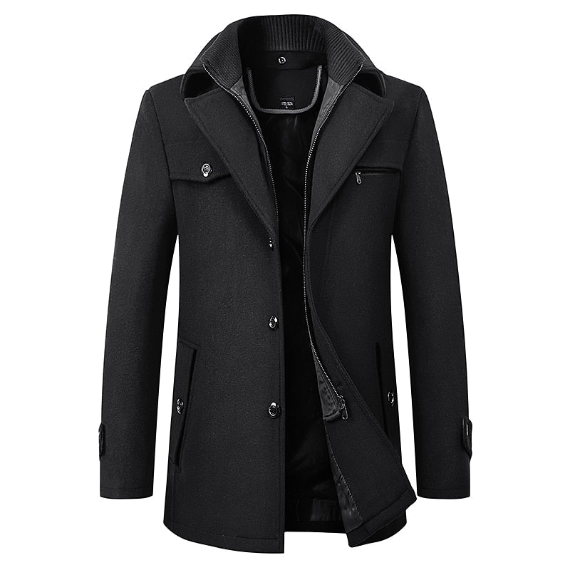 Men's Double-Breasted Longline Coat with Lapel Collar