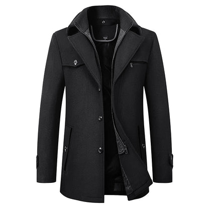 Men's Double-Breasted Longline Coat with Lapel Collar