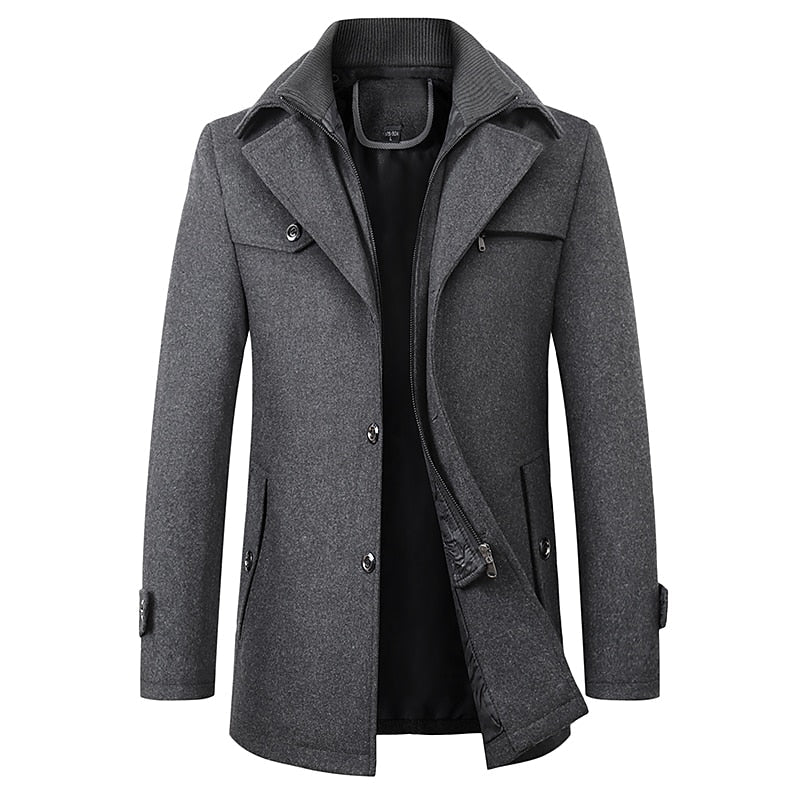 Men's Double-Breasted Longline Coat with Lapel Collar