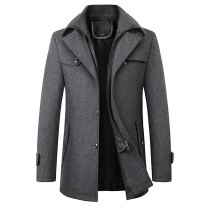 Men's Double-Breasted Longline Coat with Lapel Collar