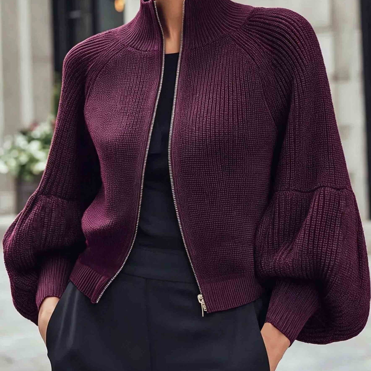 Women's Zip-Up Puff-Sleeve Cardigan