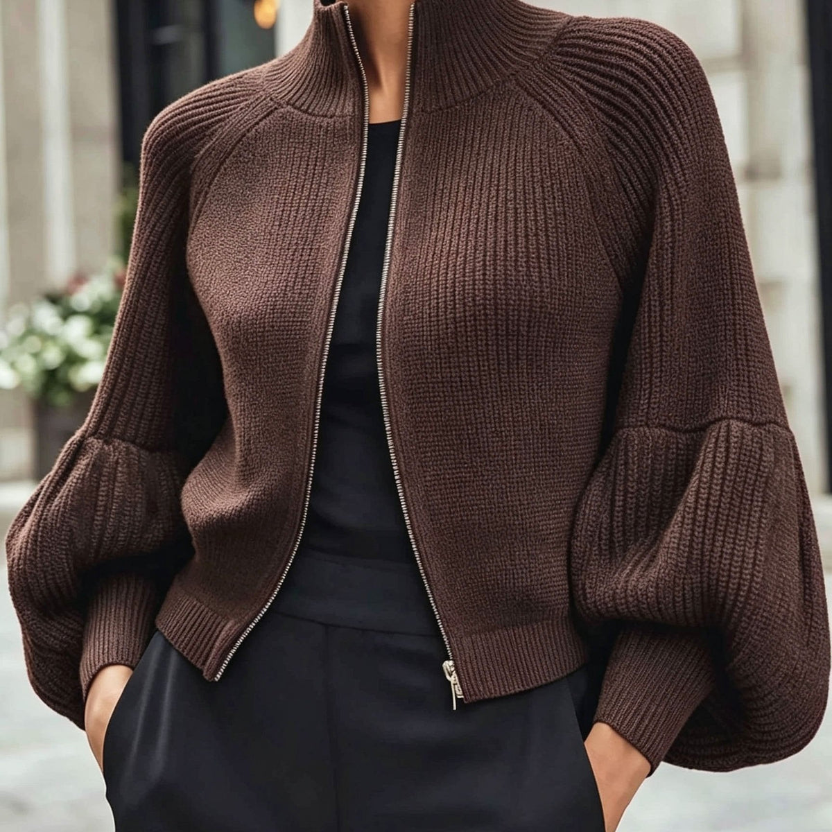 Women's Zip-Up Puff-Sleeve Cardigan