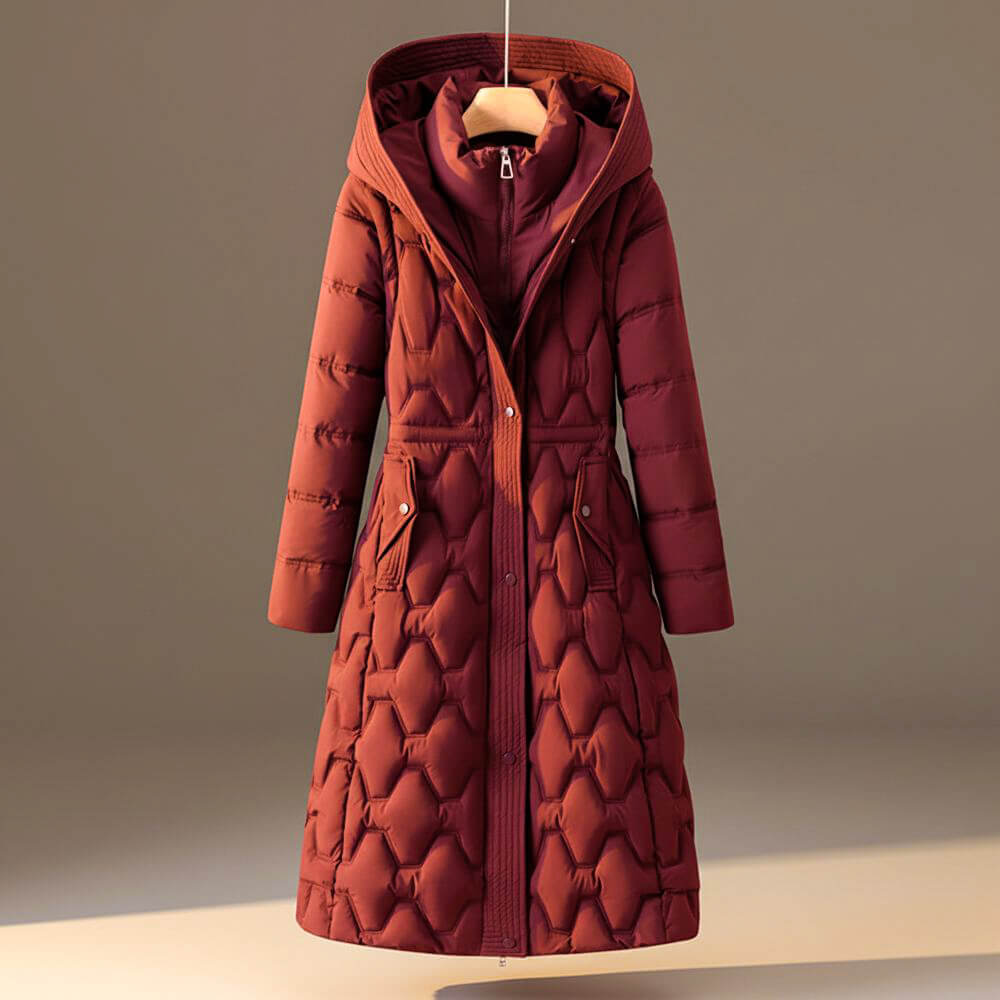 Women's Long Quilted Hooded Coat with Waist Tie and Front Fastening