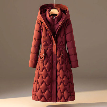 Women's Long Quilted Hooded Coat with Waist Tie and Front Fastening