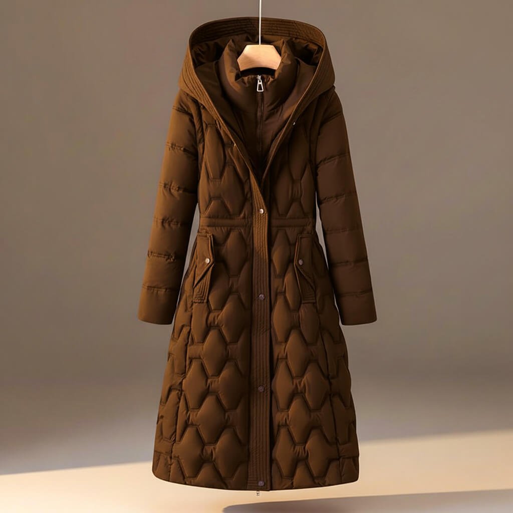 Women's Long Quilted Hooded Coat with Waist Tie and Front Fastening