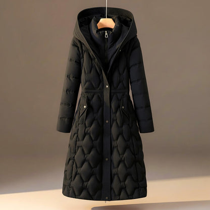 Women's Long Quilted Hooded Coat with Waist Tie and Front Fastening