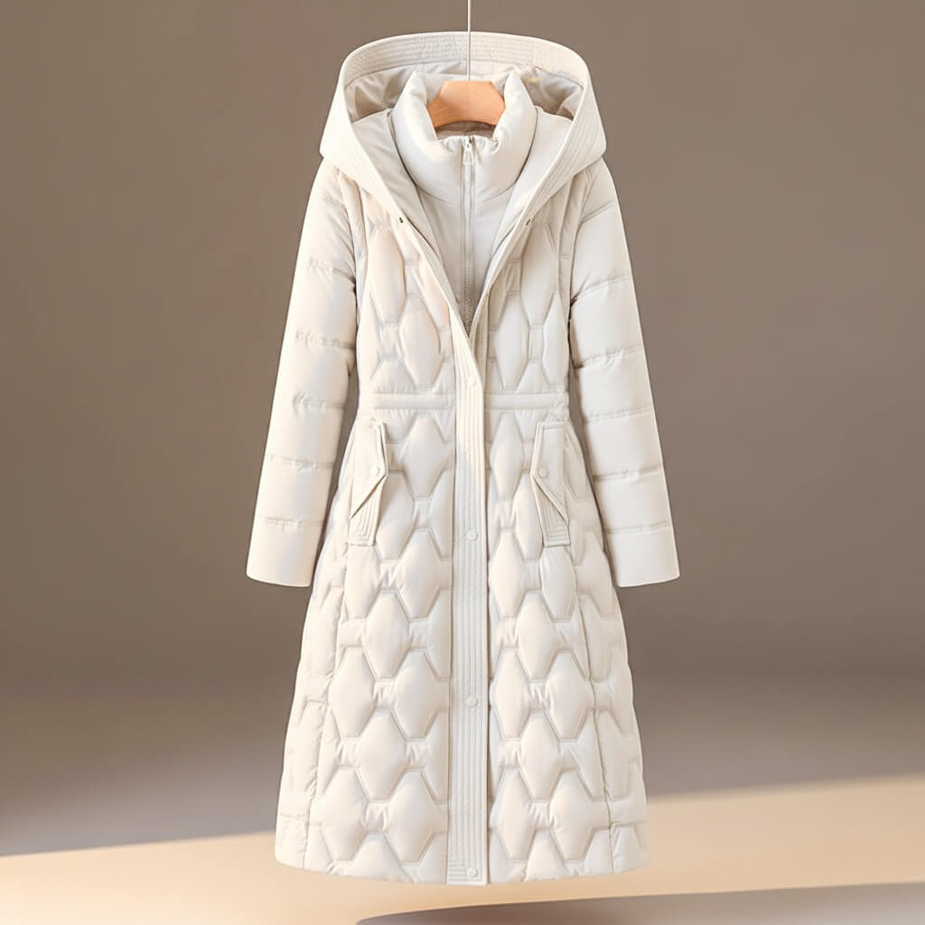 Women's Long Quilted Hooded Coat with Waist Tie and Front Fastening