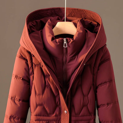 Women's Long Quilted Hooded Coat with Waist Tie and Front Fastening