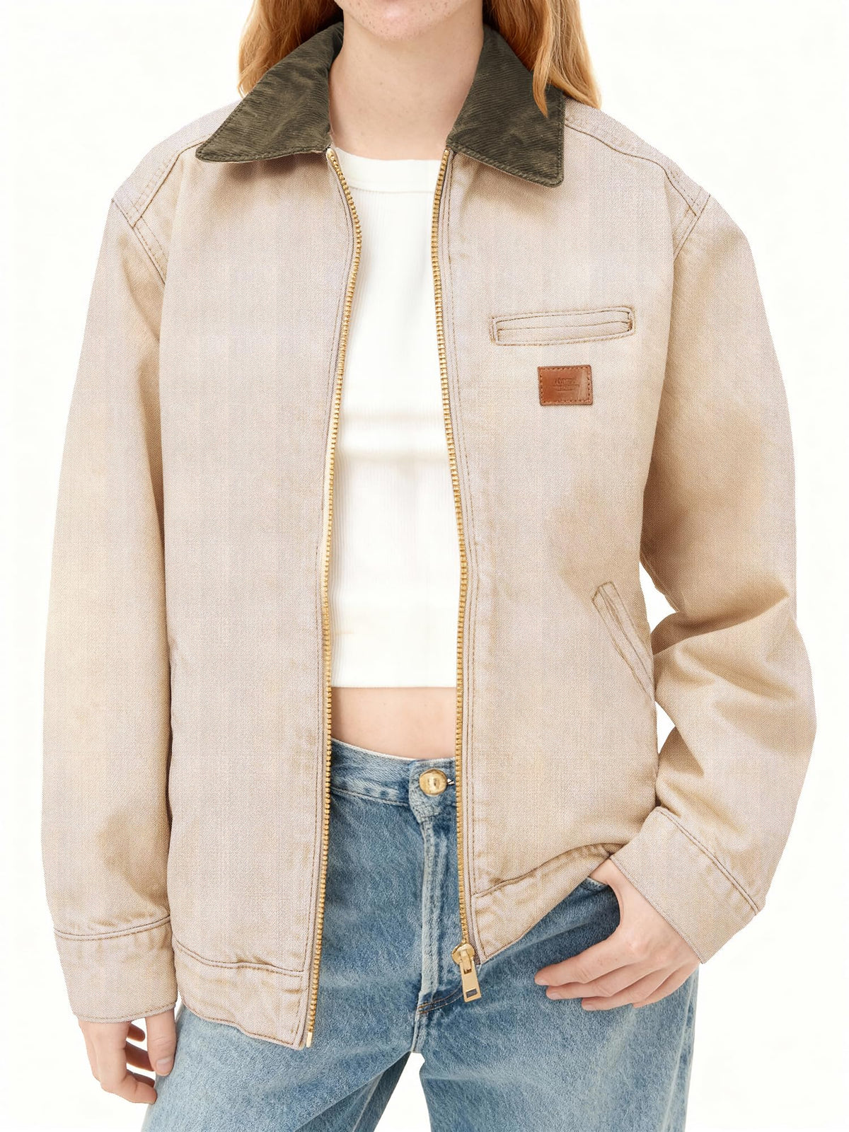 Women's Barn Jacket with Contrast Collar and Zip Front